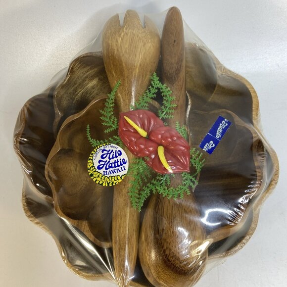 Hilo Hattie Wood Salad Bowl Set Hawaiian Tiki Luau Philippines Utensils New MCM - Picture 2 of 8